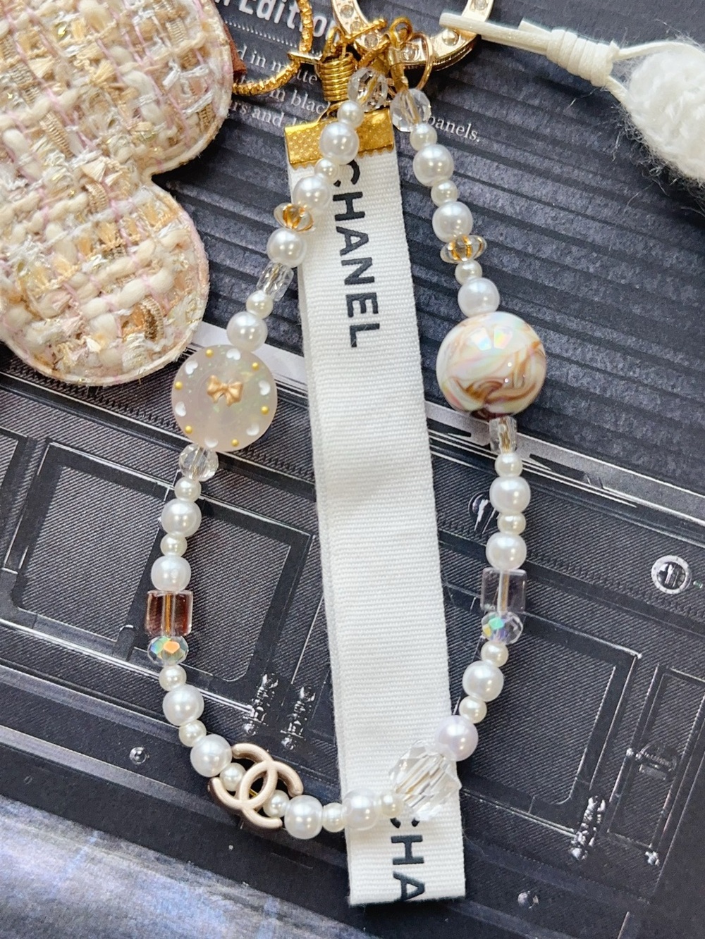 Authentic CC Ribbon With handmade Pearl, Beads & Tweed Camellia Dress Bag Charm - Picture 3 of 5